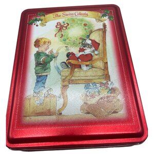 Christmas empty tin the swiss colony Santa mouse boy with list holly red READ